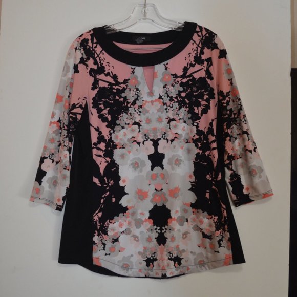 ALFANI 3/4 Sleeves FloralPrints Black Sides V-Keyhole Boat Neck Blouse S - Picture 1 of 5